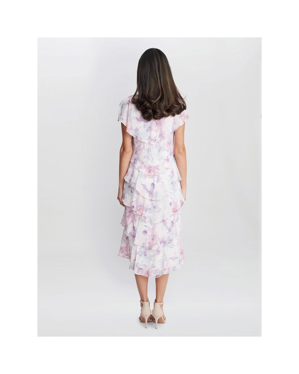 Gina Bacconi White Phoebe Midi Printed Tiered Dress