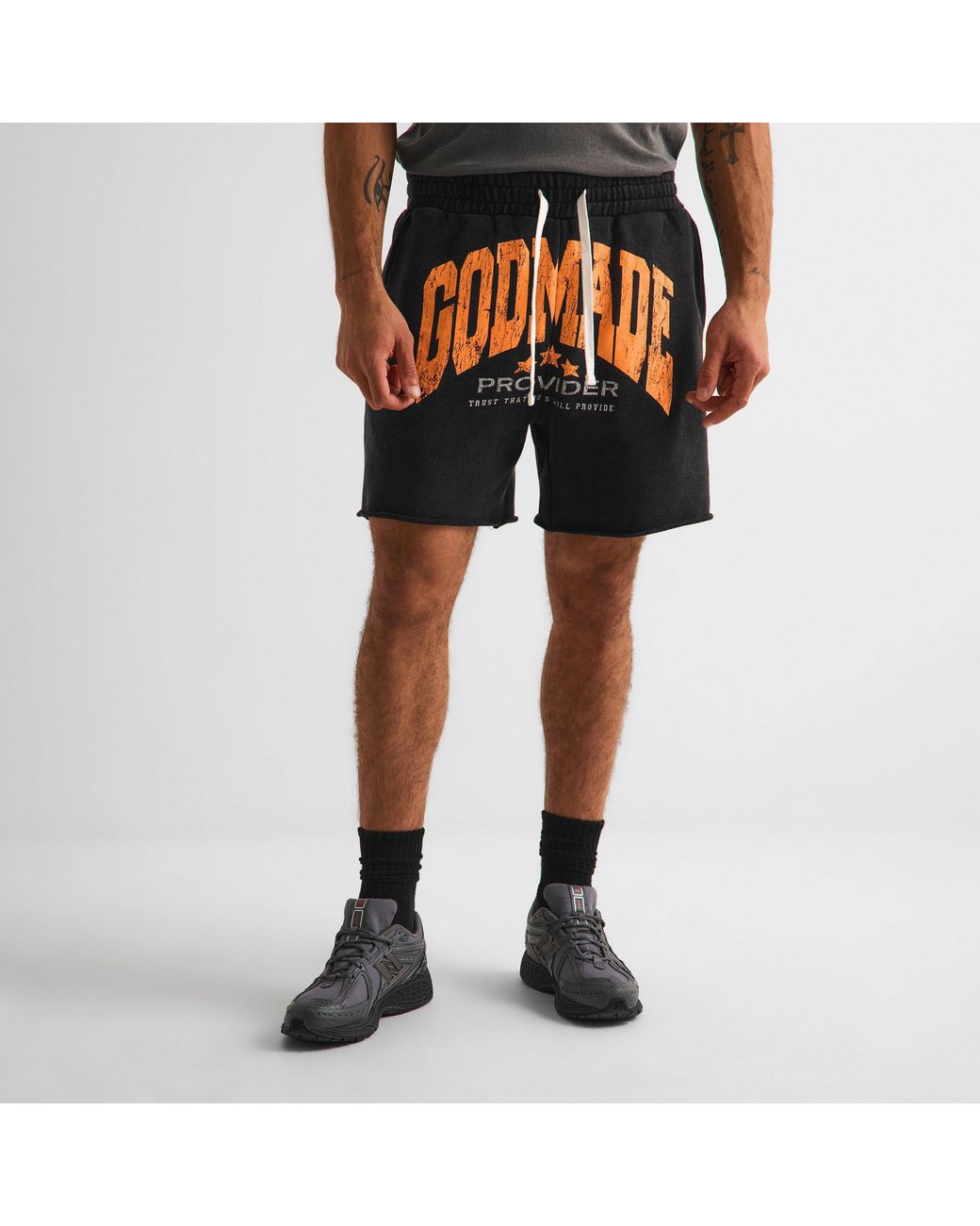 God Made Orange Fleece Jogger Shorts for men