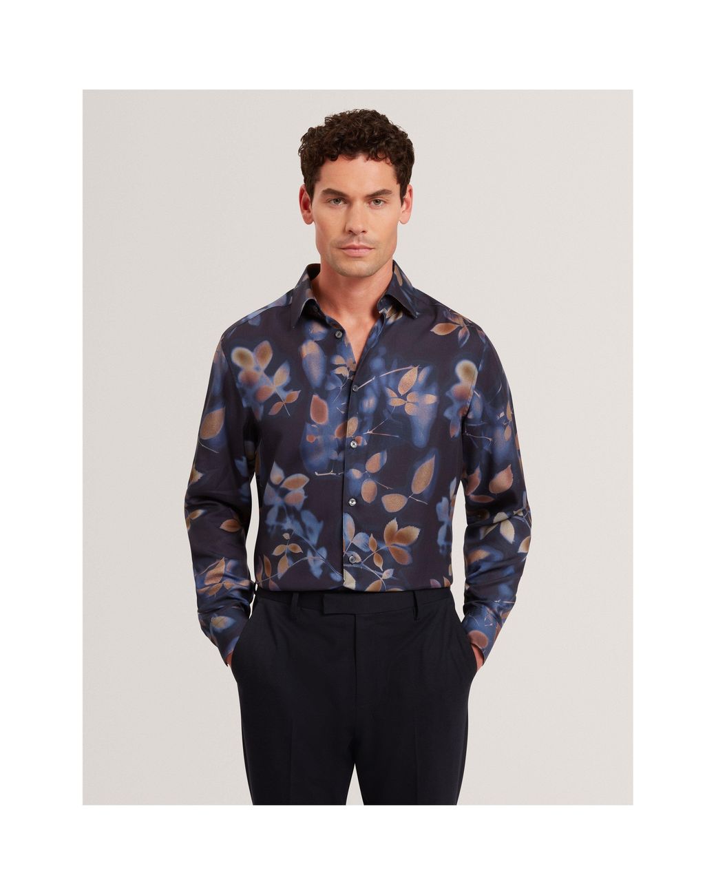 Ted Baker Blue Leaf Print Long-Sleeve Patterned Shirt for men