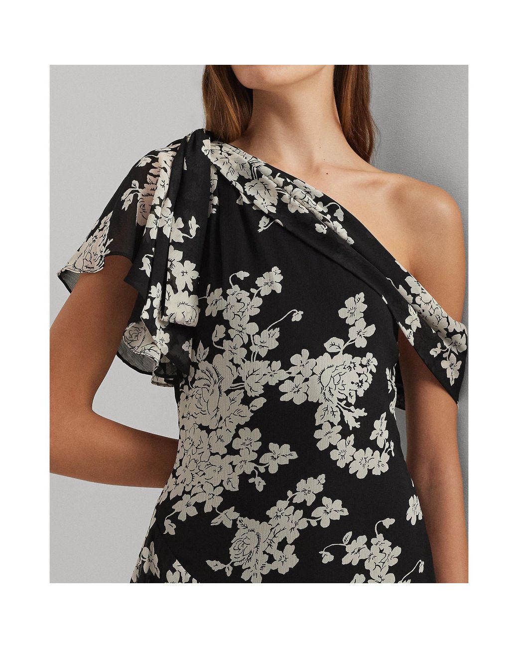 Ralph Lauren Black Floral Georgette One-Shoulder Gown