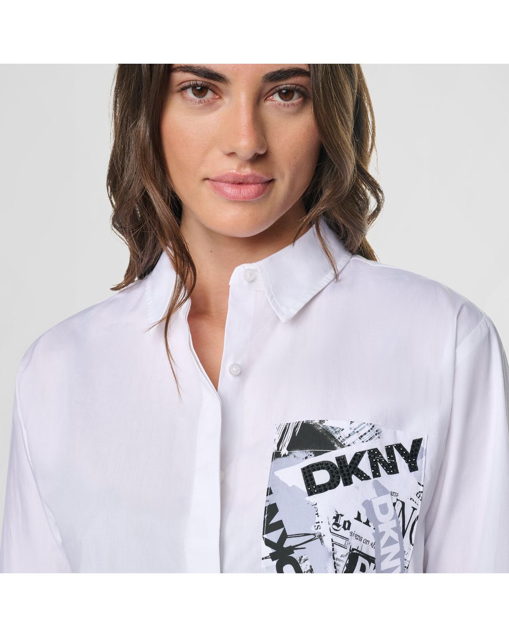 DKNY White Pocket Print Cotton Long-Sleeve Patterned Shirt