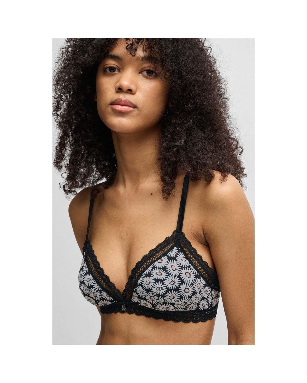 HUGO Black Lace Trim Bra With Daisy Print