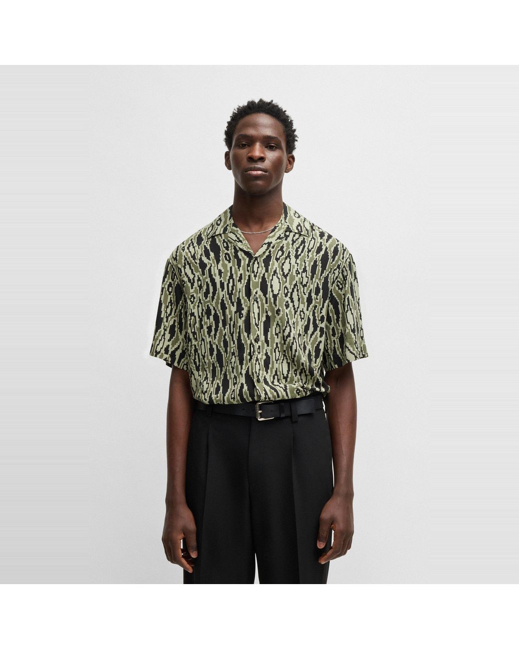 HUGO Green Espino Geometric Short Sleeve Tailored Fit Shirt for men
