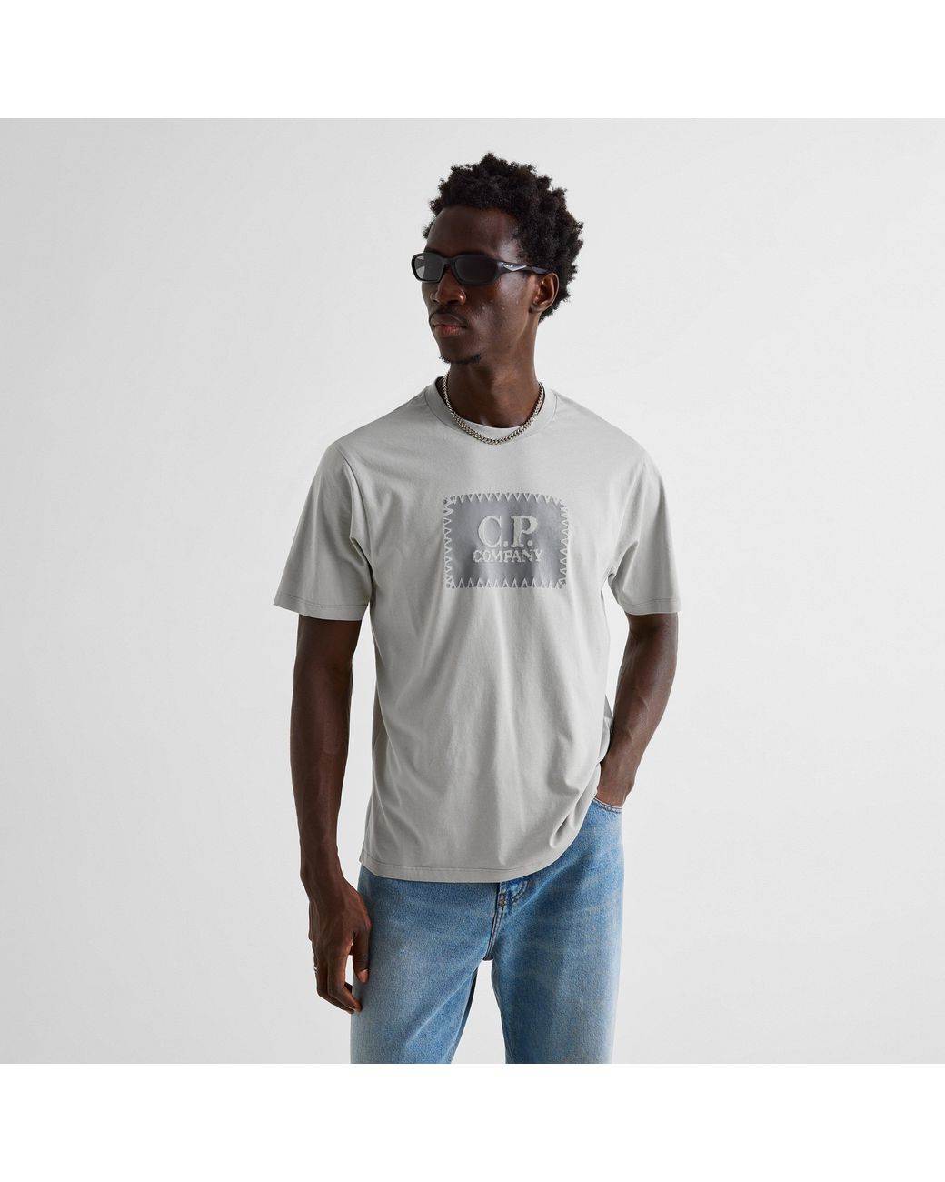 C P Company Gray Block Logo Regular Fit T-Shirt for men