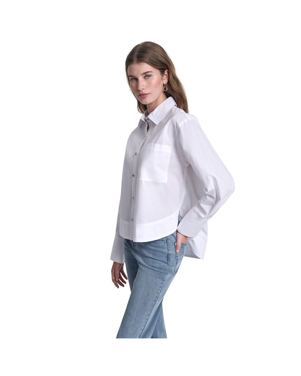 DKNY Purple Jeans Poplin Shirt W/ Rhinestone Buttons & Stepped Hem