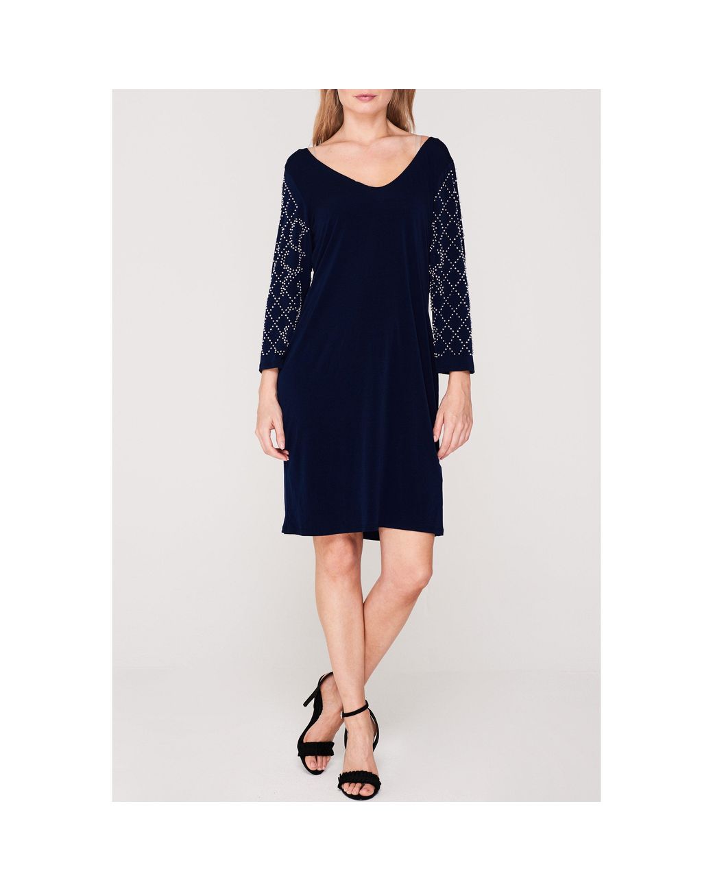 Marina Blue Long Sleeve V Neck Shift Dress