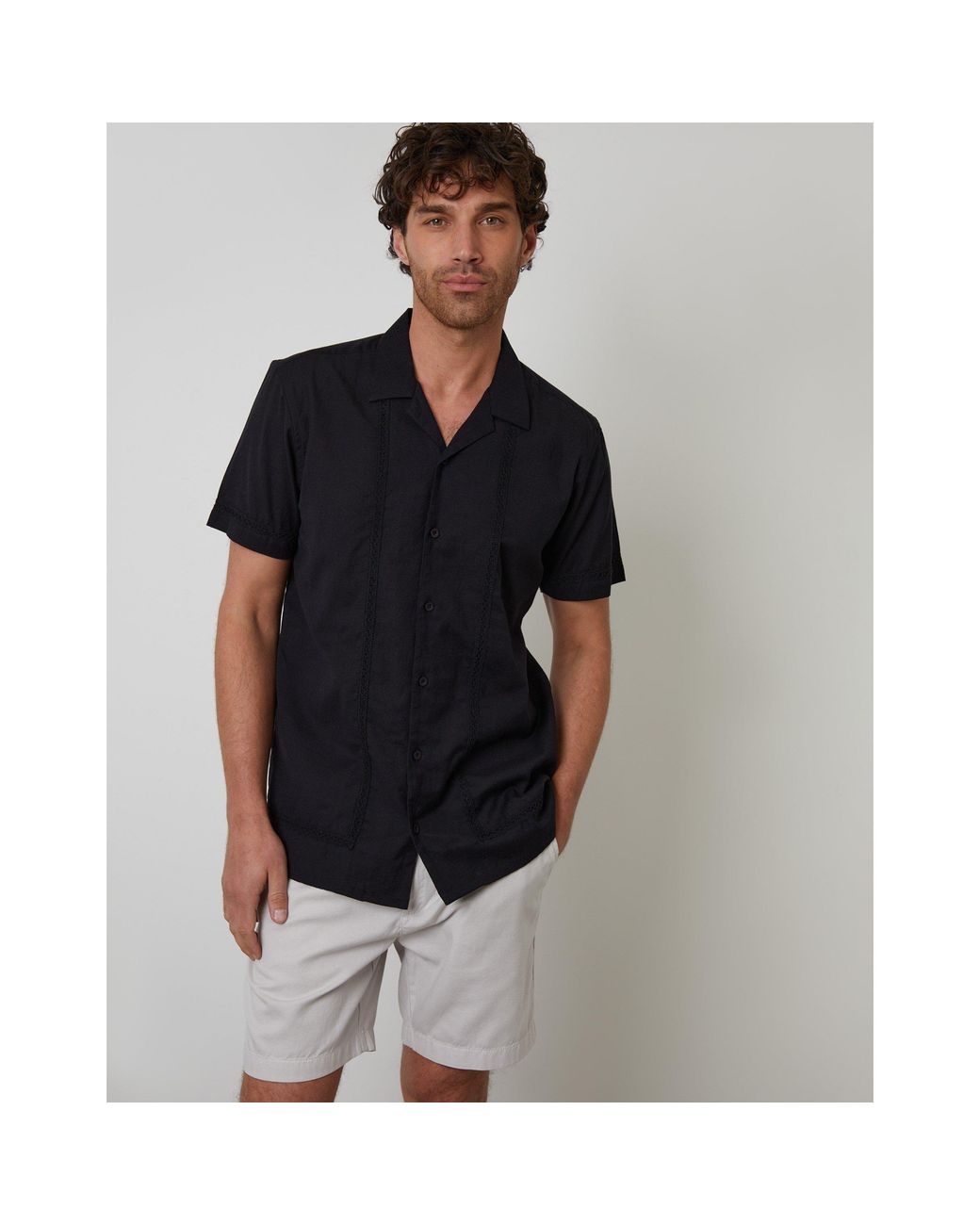 Threadbare Black Short-Sleeve Bowling Shirt for men