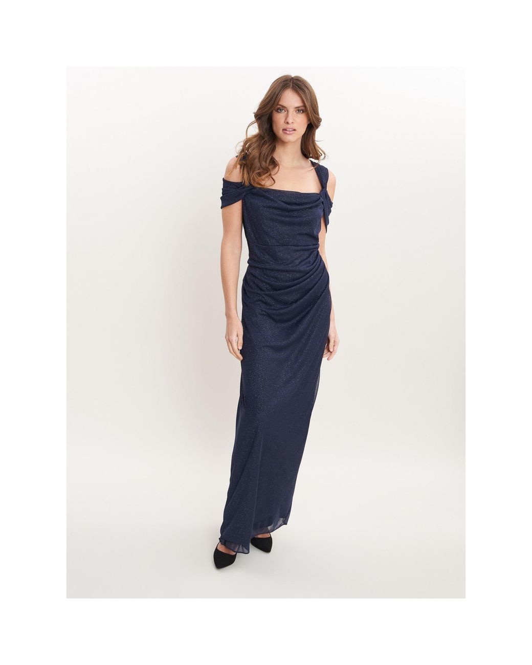 Gina Bacconi Blue Shree Cold Shoulder Glitter Mesh Dress