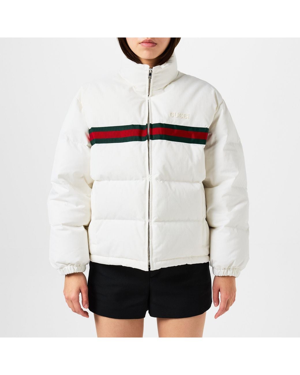 Gucci White Twill Bomber Water Resistant Goose Down Stand Collar Short Puffer Jacket