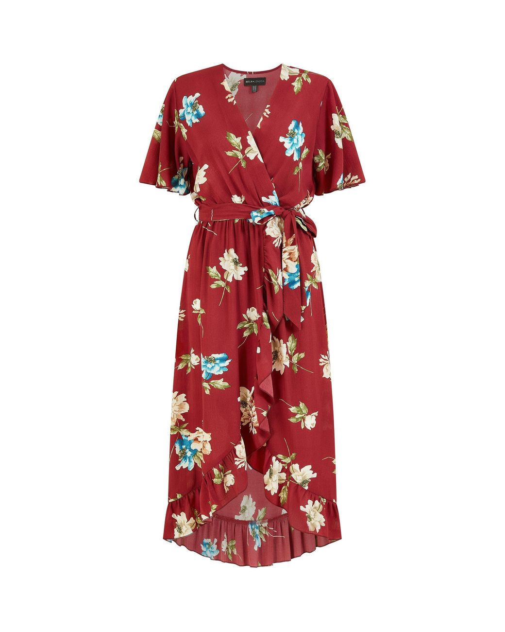 Mela London Red Floral Dip Hem Wrap Midi Dress