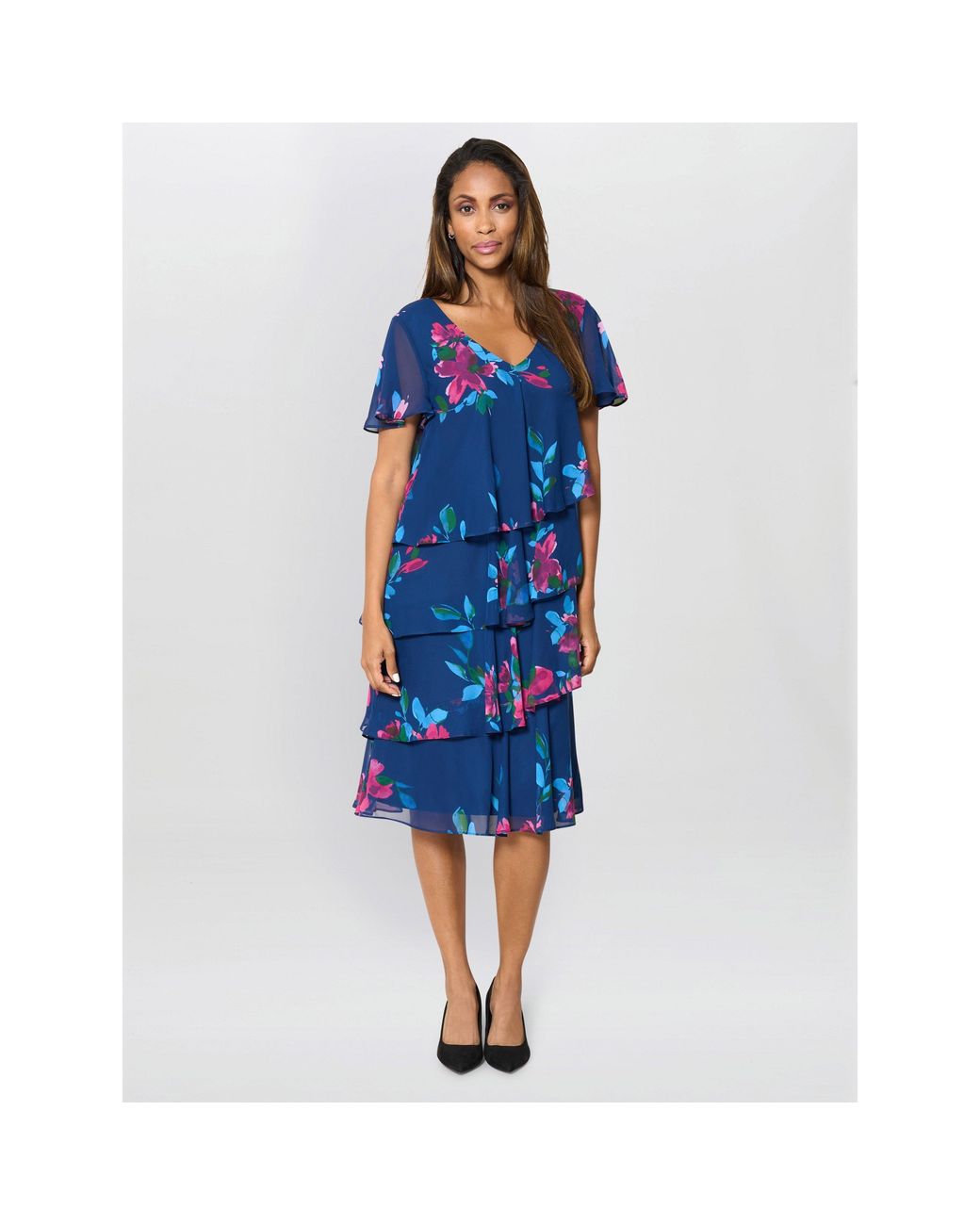 Gina Bacconi Blue Talie Tiered Floral Chiffon Dress