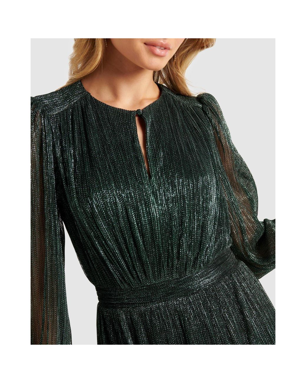 Forever New Green Goldie Long Sleeve Plisse Mini Dress