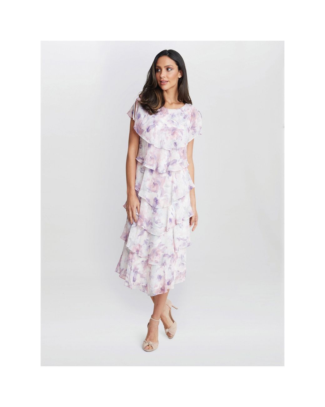 Gina Bacconi White Phoebe Midi Printed Tiered Dress