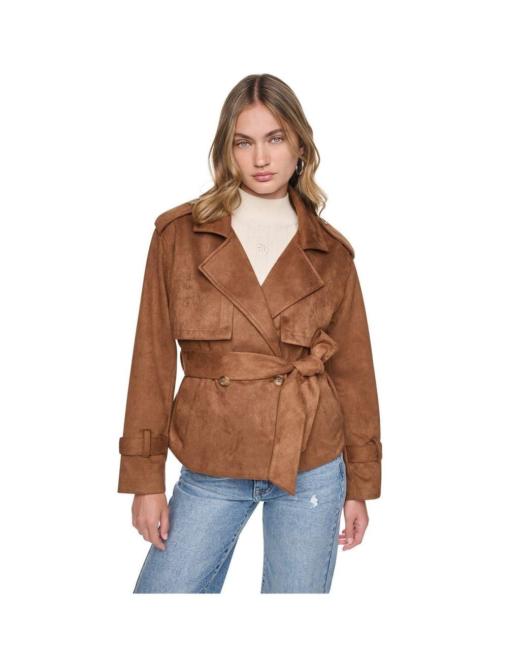 DKNY Brown Faux Suede Collared Short Trench Jacket
