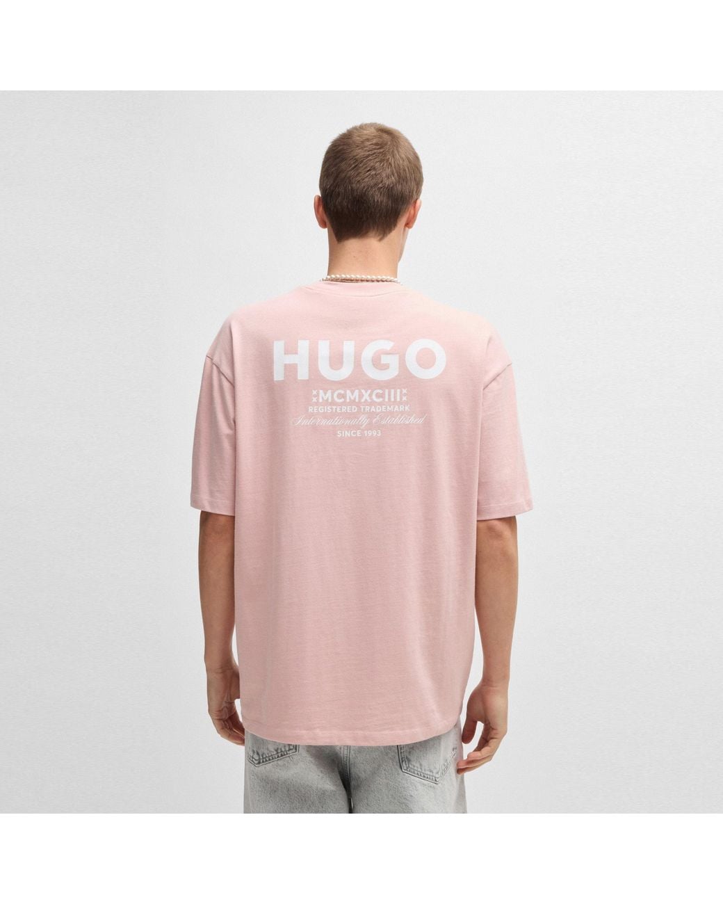 HUGO Pink Printed Logo Back T-Shirt With Mcmxciii Text for men
