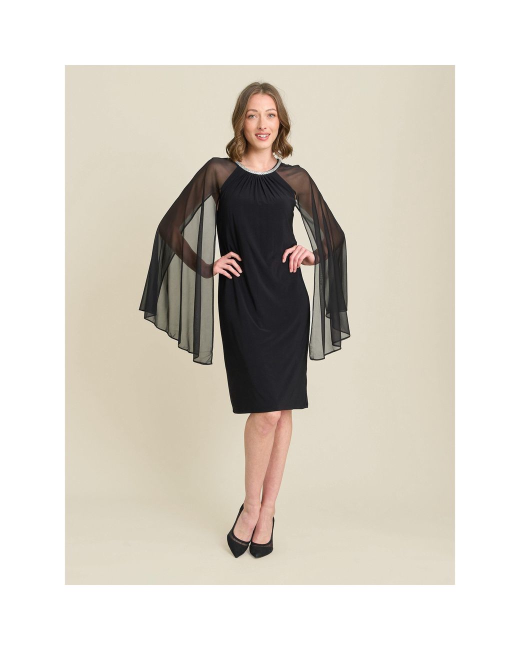 Gina Bacconi Black Shyla Sheer Sleeve & Crystal Trim Dress
