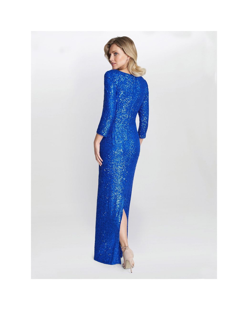 Gina Bacconi Blue Jacynda Sequin 3/4 Sleeve Wrap Dress