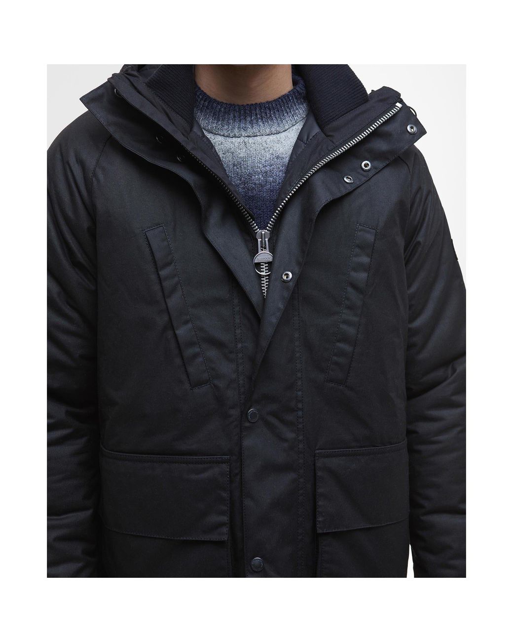 Barbour Black Oakdale Hooded Long Sleeve 4 Pockets Full Zip Wax Jacket for men