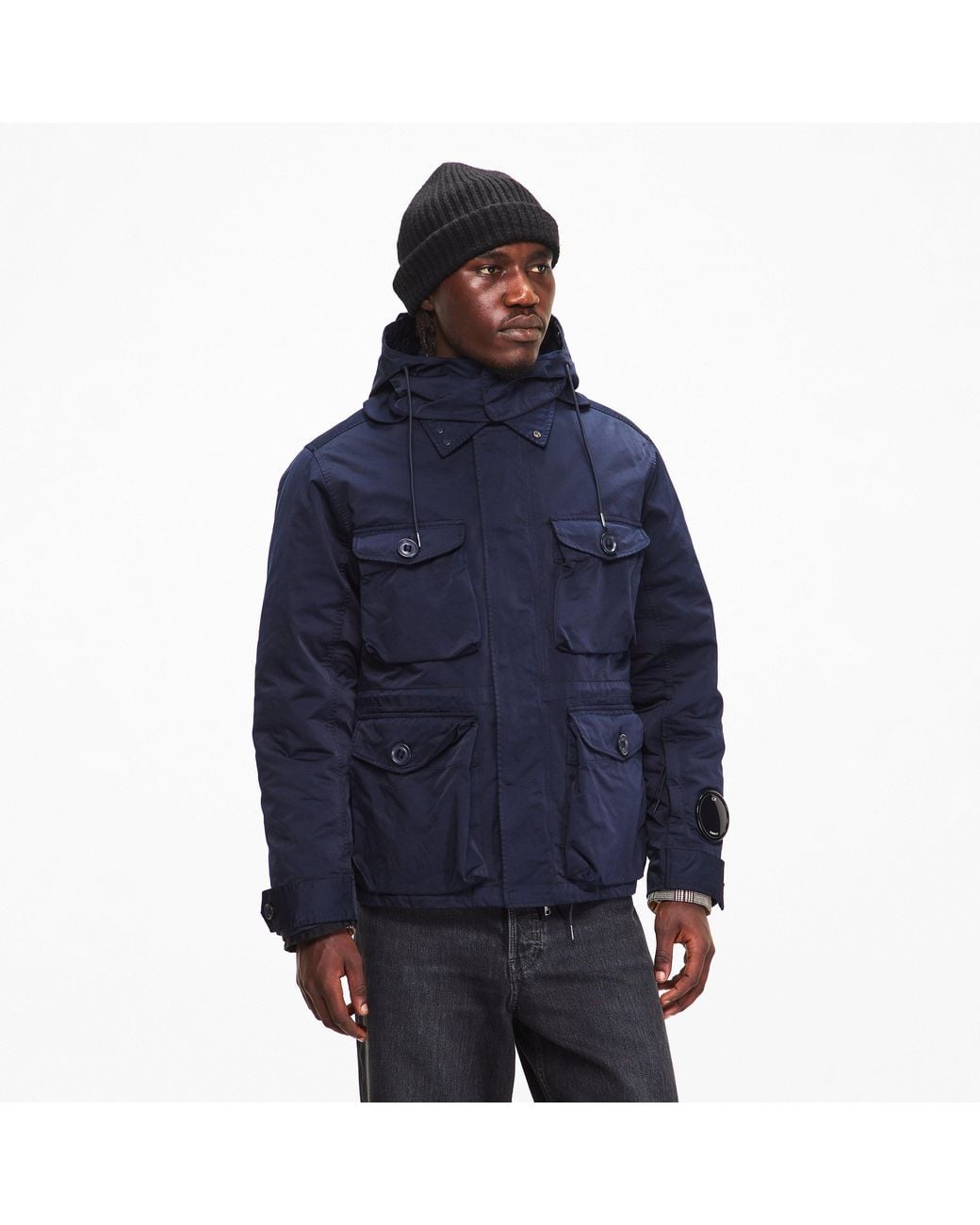 C P Company Blue Mille Micro Hooded Long Sleeve Zip Parka for men