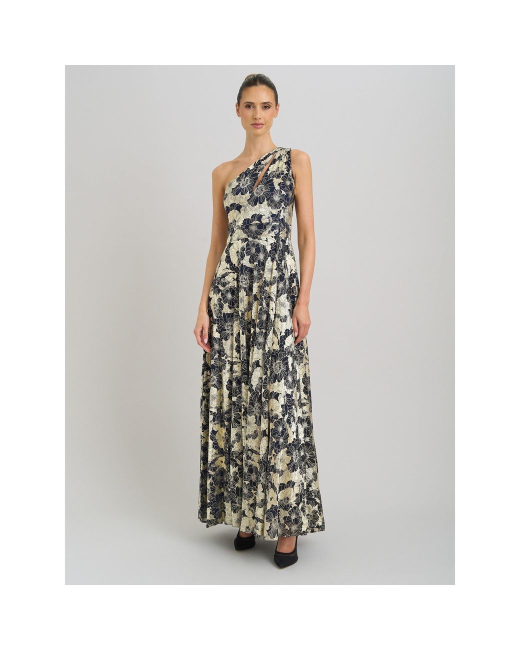 Gina Bacconi Metallic Sabina One Shoulder Floral Maxi Dress