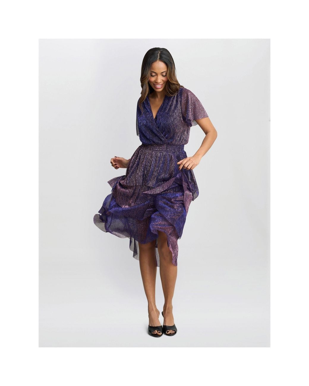 Gina Bacconi Blue Cheri Metallic Knit Tiered Dress
