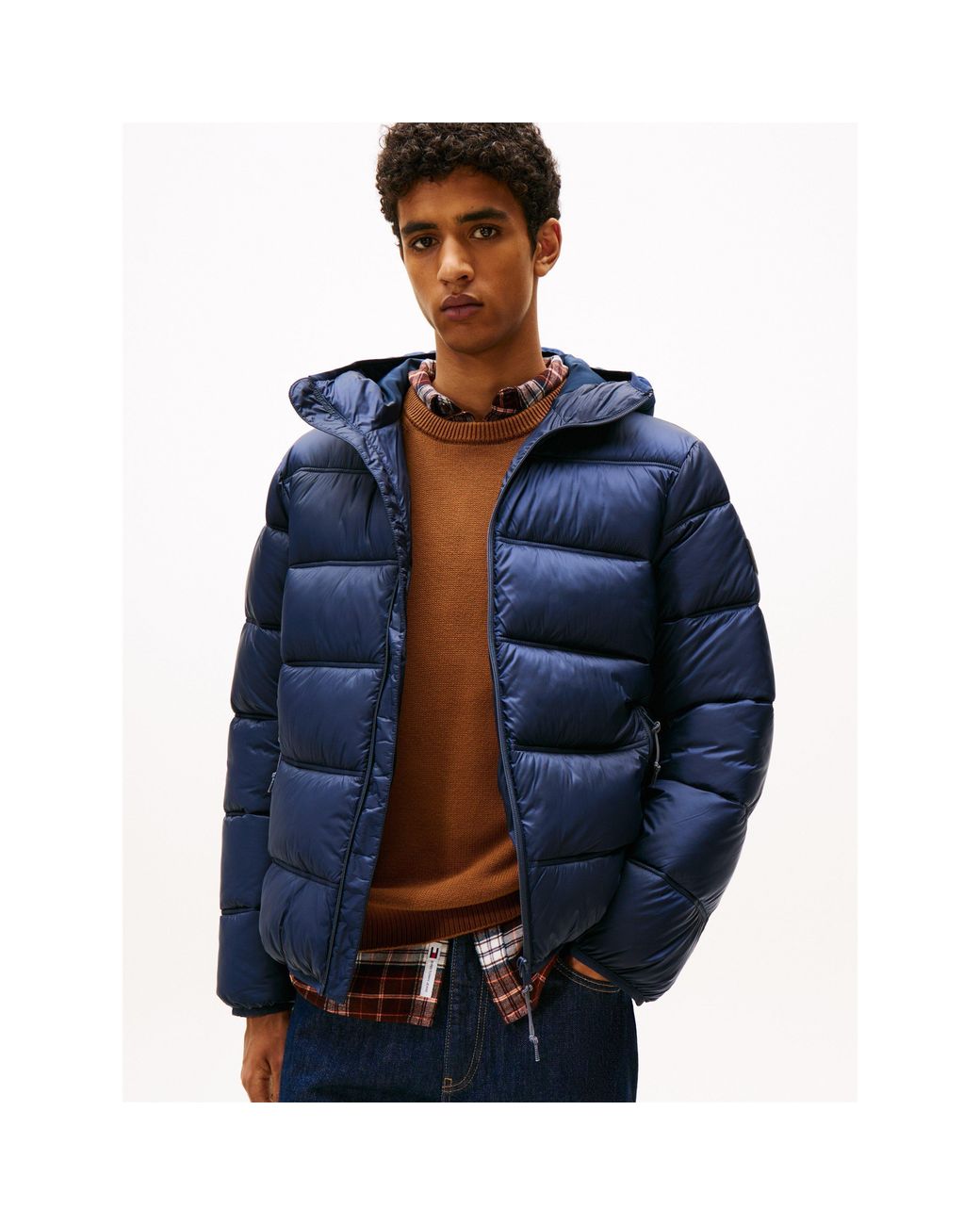 Tommy Hilfiger Blue Logo Hooded Full-Zip Short Puffer Jacket for men