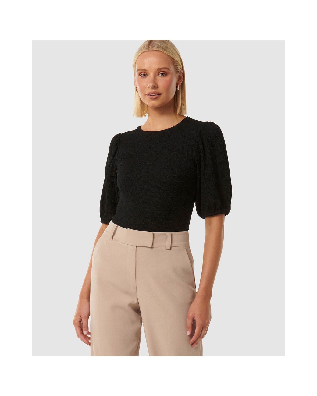 Forever New Black Jolanta Textured Puff Sleeve Top