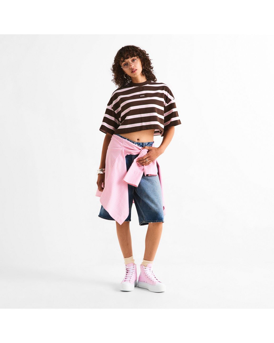 WRSTBHVR Brown Seth Striped Cropped Short-Sleeve Cotton Oversized-Fit T-Shirt