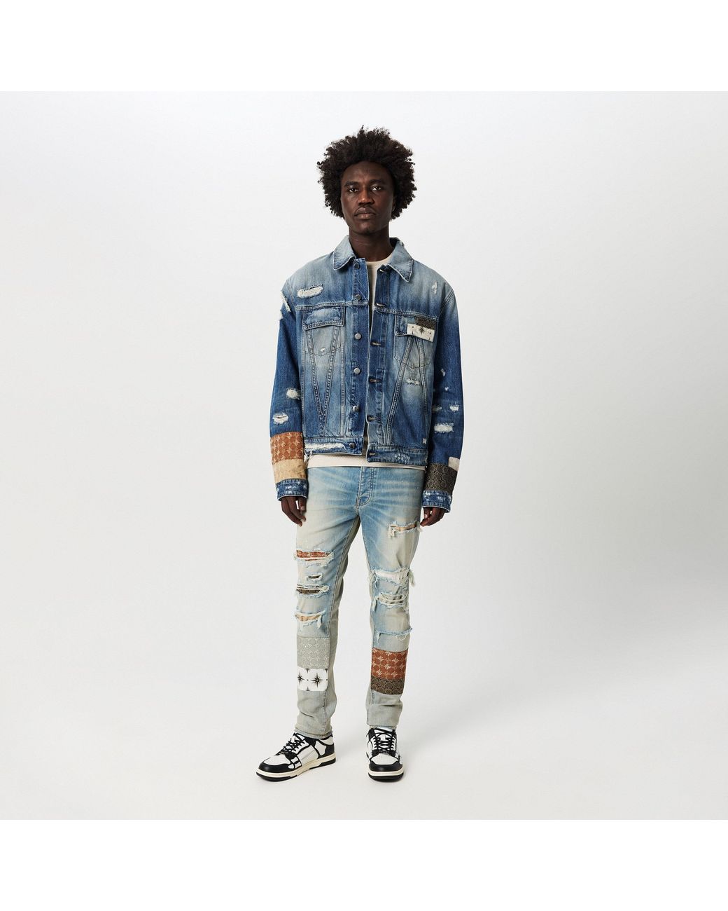 Amiri Blue Airpatch Trucker Distressed Long Sleeve Denim Jacket for men