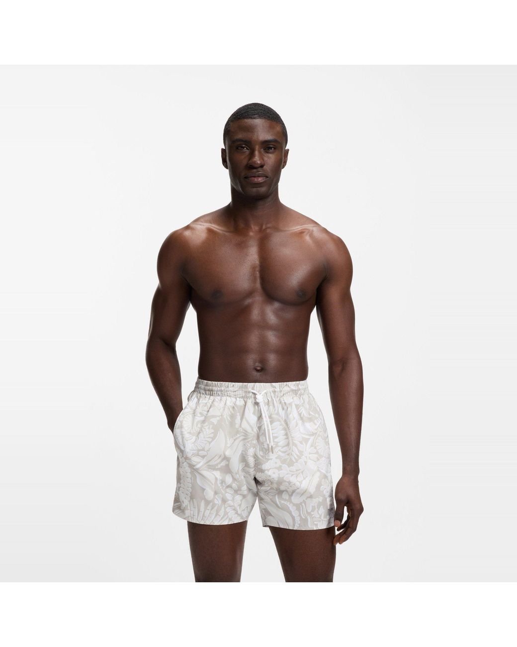 Boss White Piranha Printed Swim Shorts for men