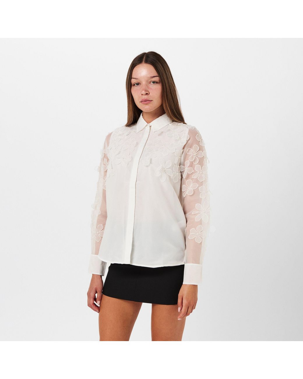 French Connection White Camden Floral Embellished Long Sleeve Blouse