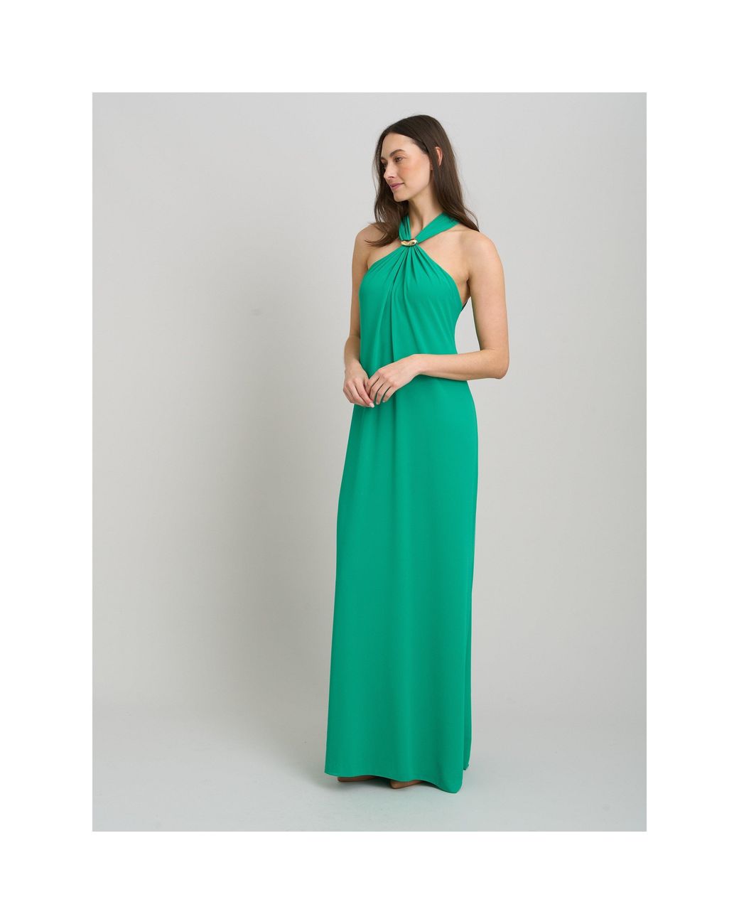 Gina Bacconi Green Marcie Chiffon Tie Neck Maxi Dress