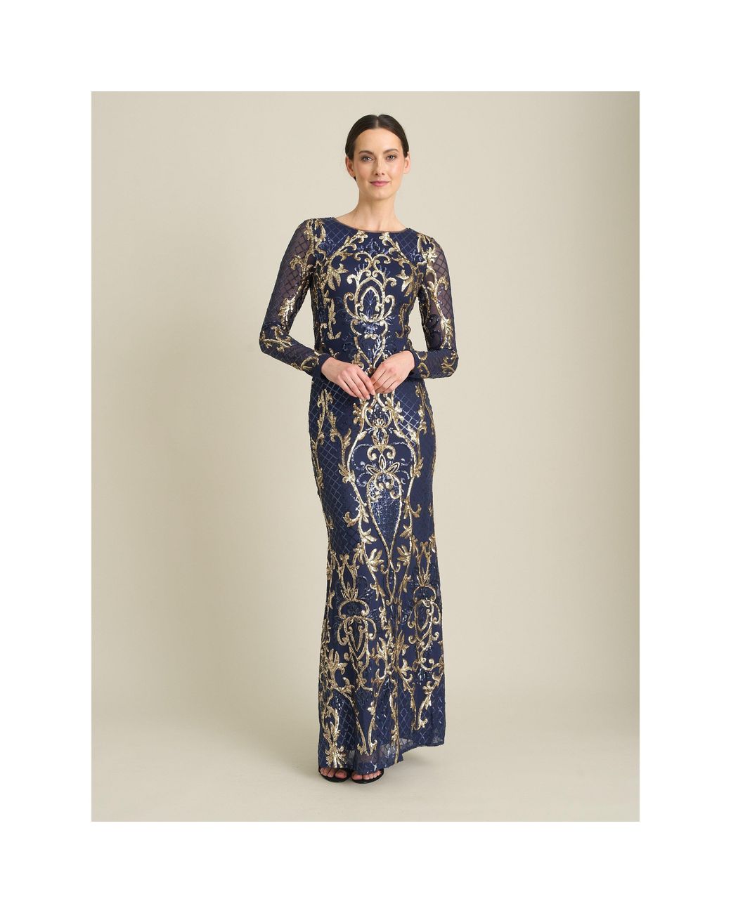 Gina Bacconi Blue Electra Long Sleeve Beaded Maxi Dress