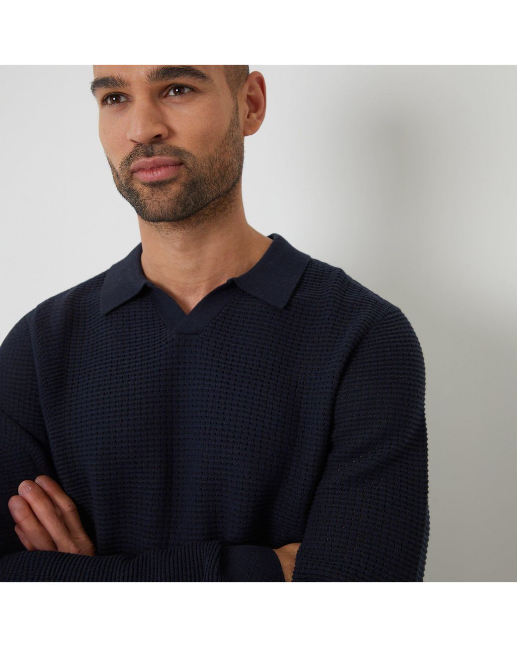 Threadbare Blue Textured Knitted Trophy Neck Long Sleeve Polo for men