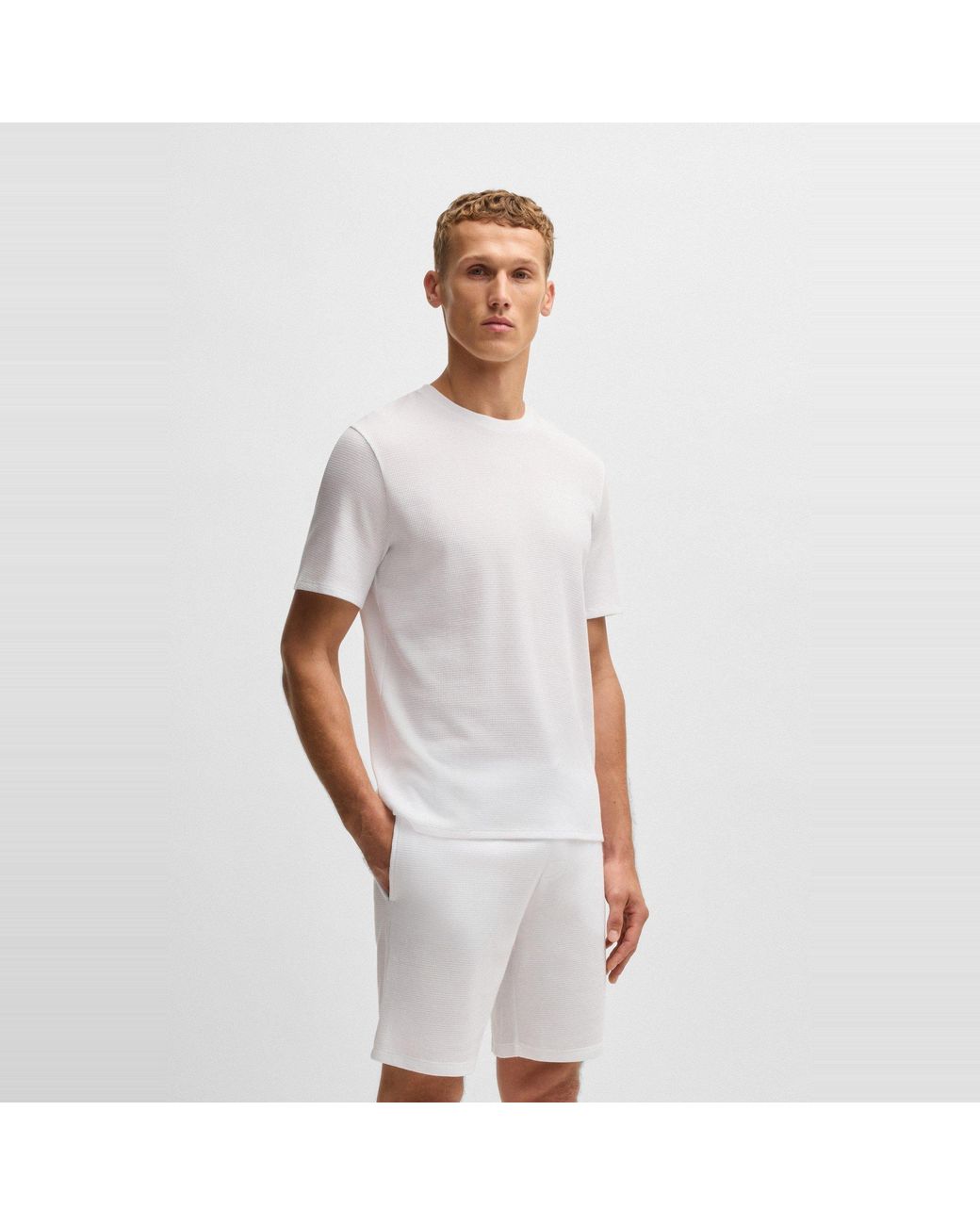 Boss White Bodywear Waffle T-Shirt With Structured Design for men