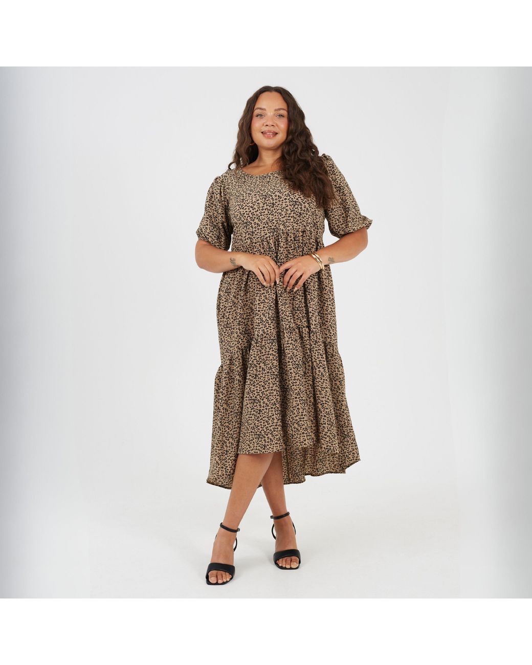 Brave Soul Brown Plus Size Short Sleeve Animal Print Midi Dress With Tiered Hem