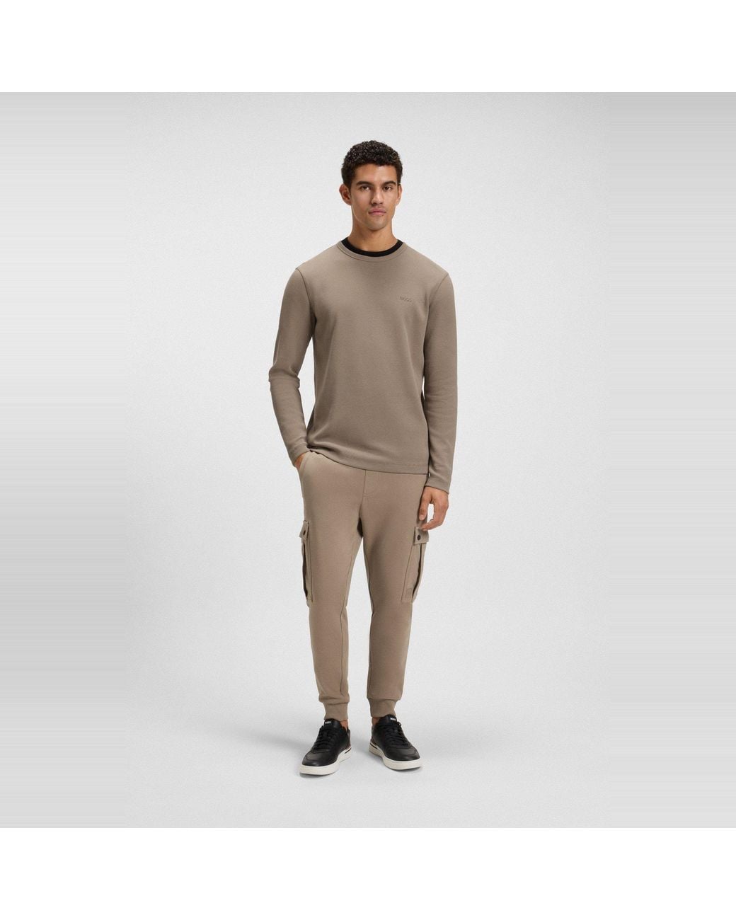 Boss Brown Tempesto Long-Sleeve Cotton Crew-Neck Polo Shirt for men