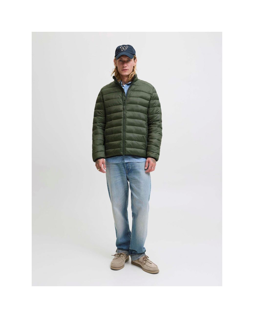 Jack & Jones Green Bradley Stand Collar Puffer for men
