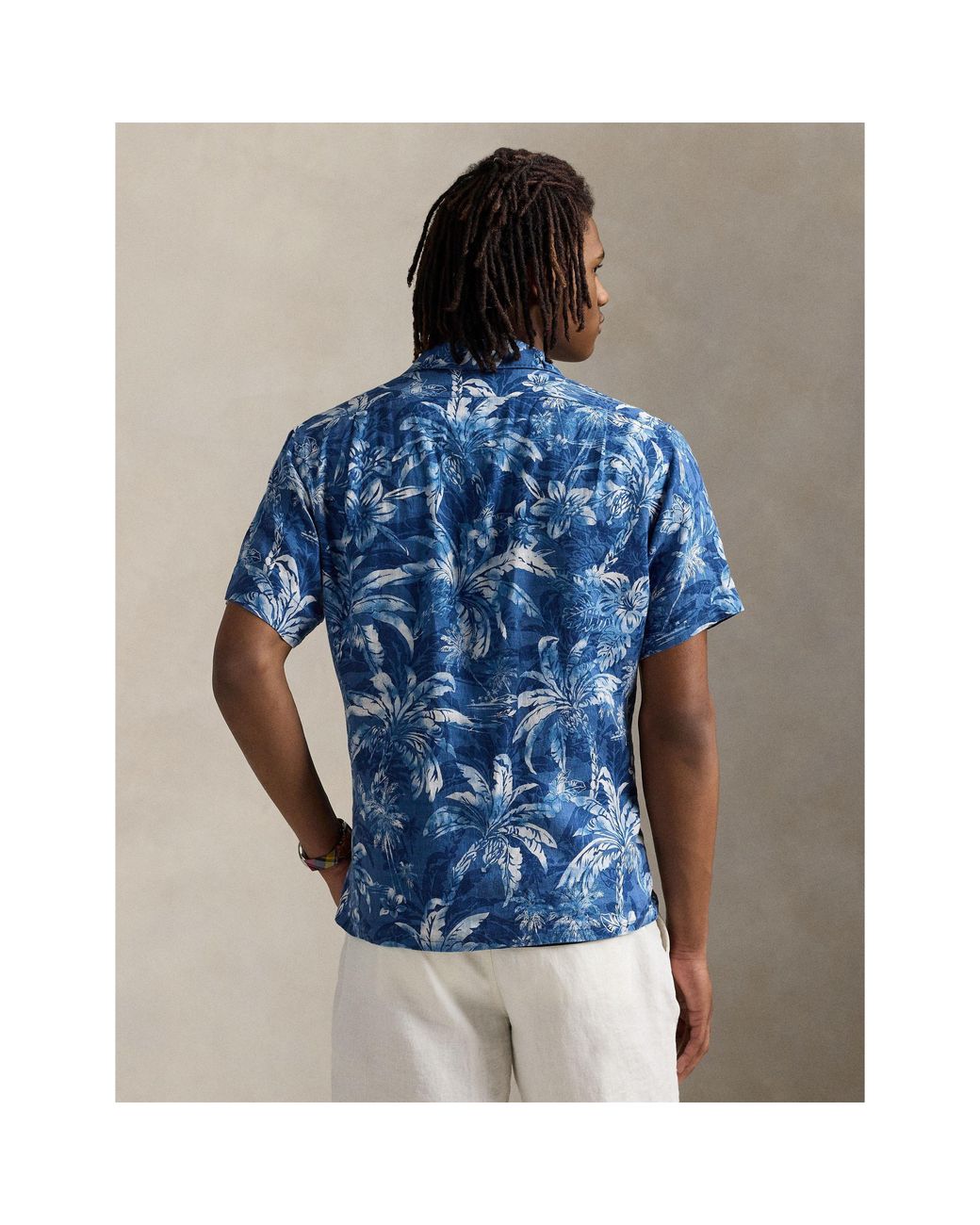 Polo Ralph Lauren Blue Linen Palm Pattern Short Sleeve Shirt for men
