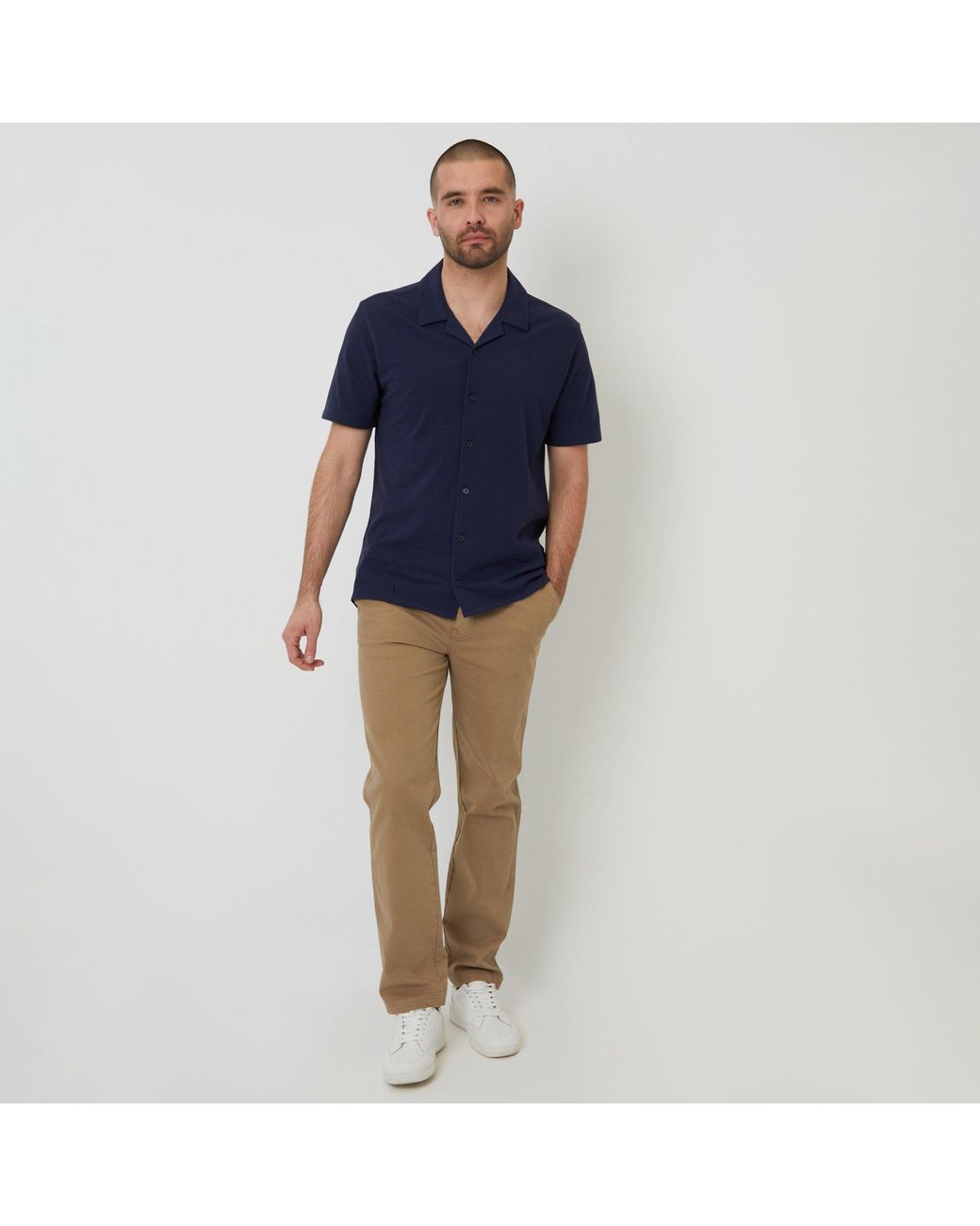 Threadbare Blue Cotton Pique Revere Collar Short Sleeve Shirt for men