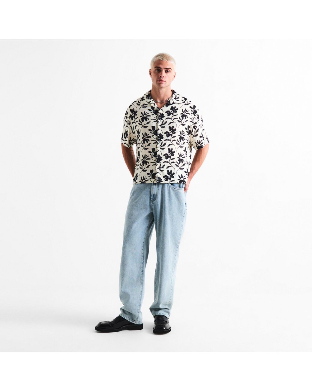 MKI Miyuki-Zoku Black Floral Short Sleeve Bowling Shirt for men