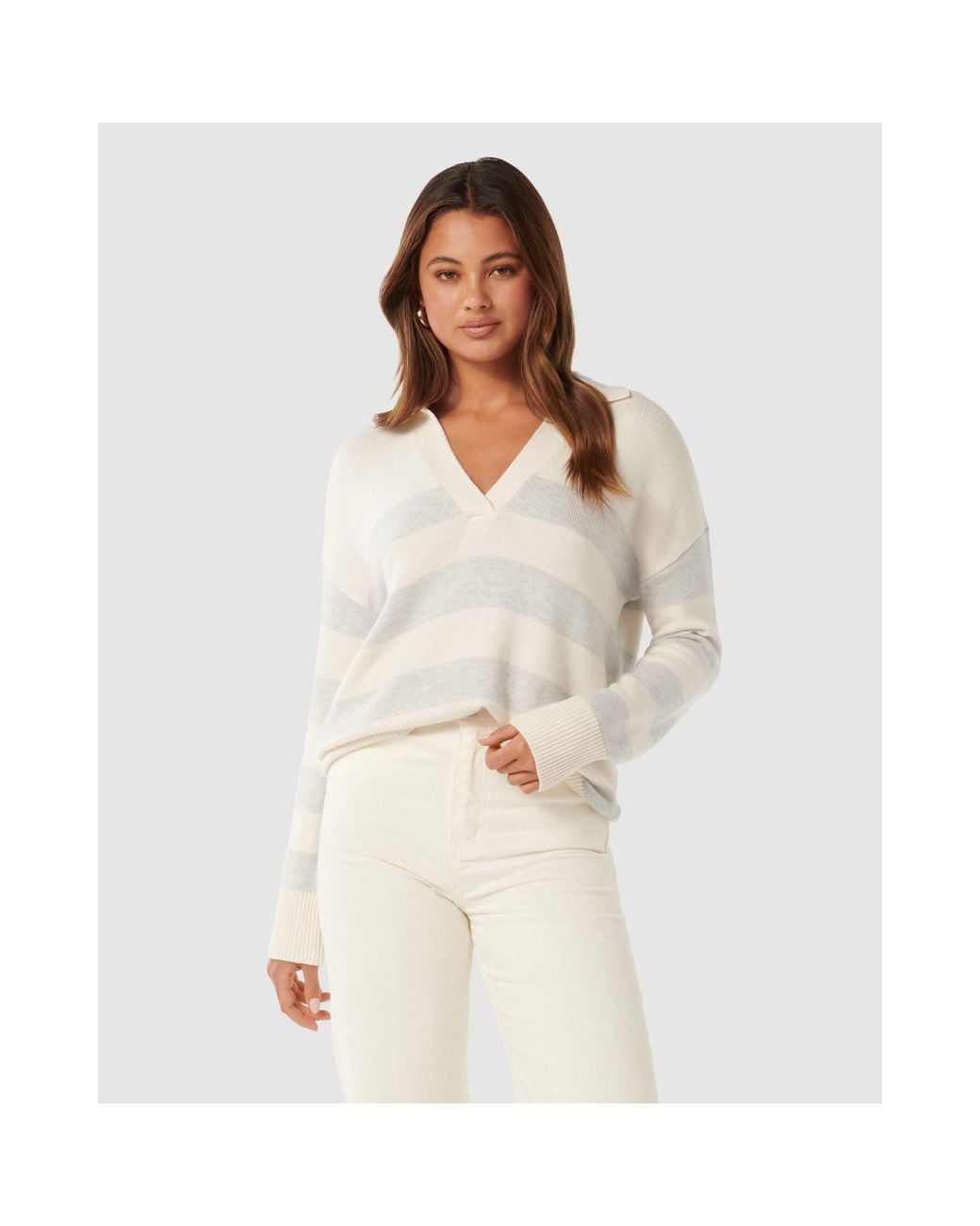 Forever New White Nicole Striped Polo Collar Jumper