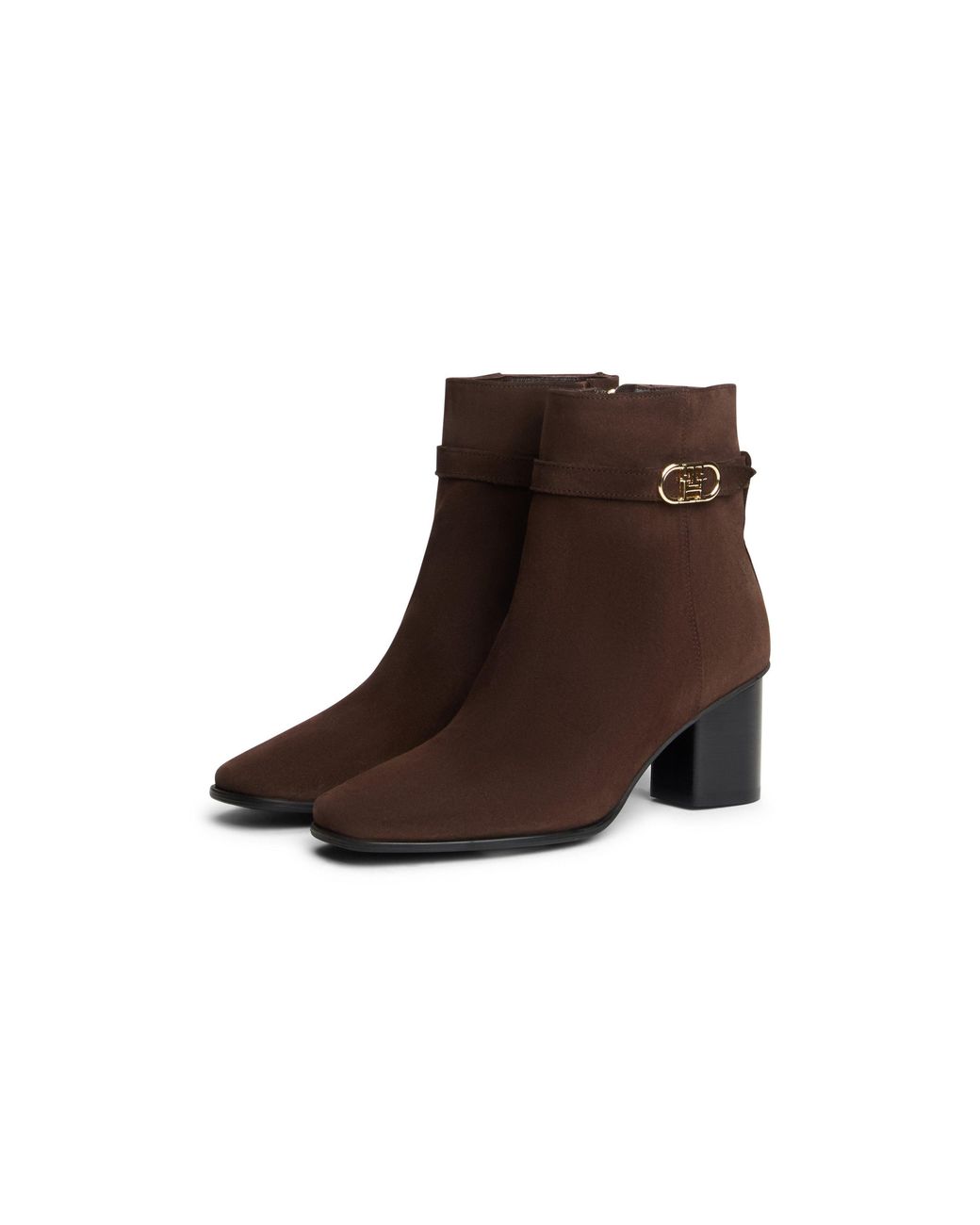 Tommy Hilfiger Brown Strap Block Suede Square-Toe Heeled Ankle Boots