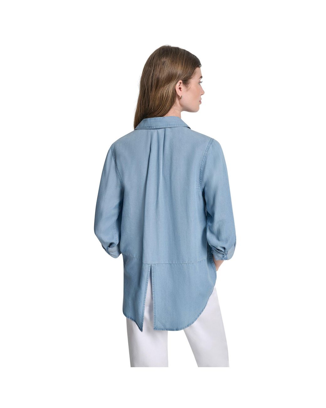 DKNY Blue Jeans Split Back Button Front Tencel Shirt W/ Roll Tab Sleeve