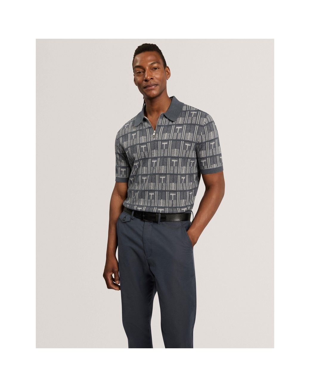 Ted Baker Blue Cotton Zip-Neck Short-Sleeve Polo for men
