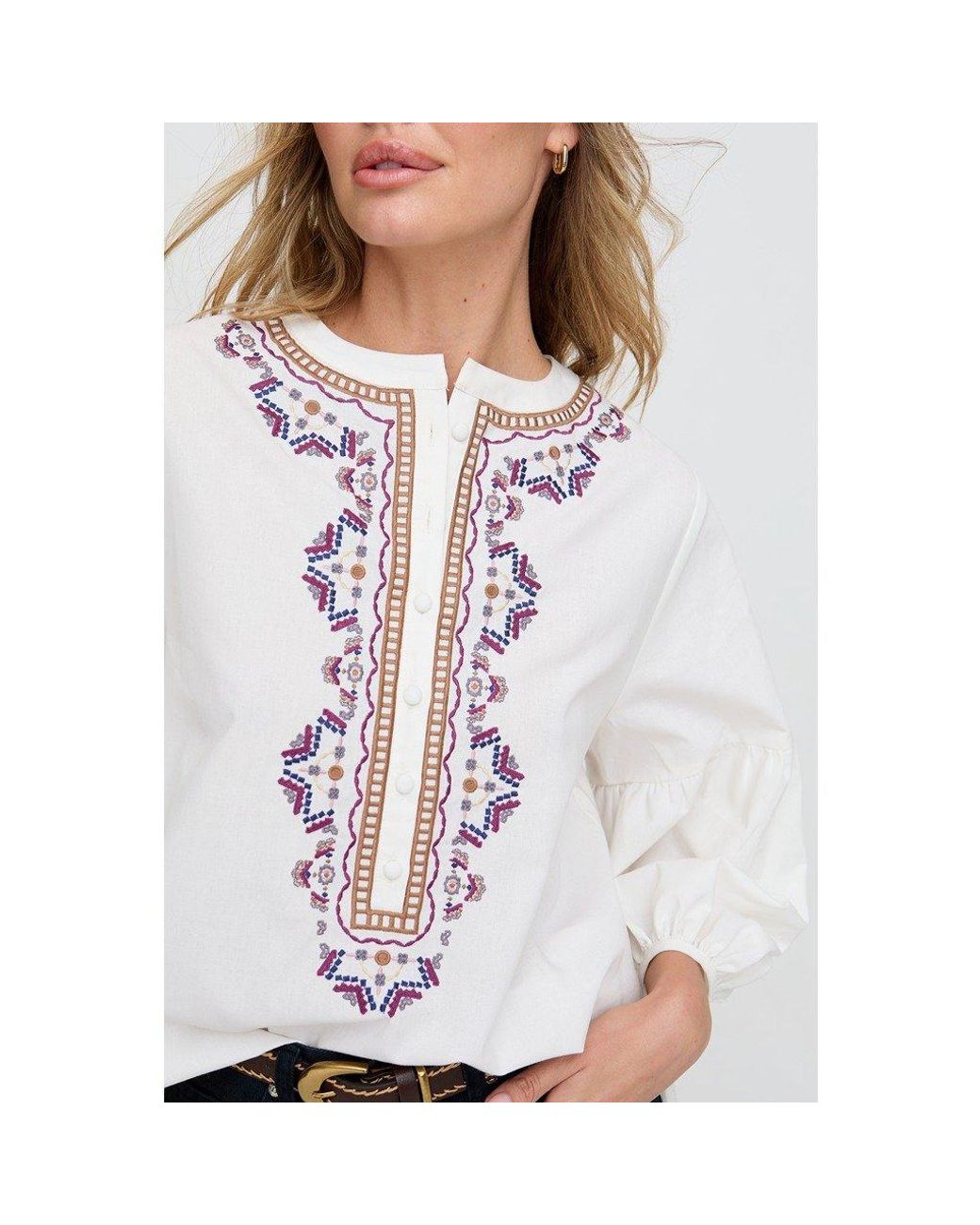 Raffya White Anai Half Placket Embroidered Blouse