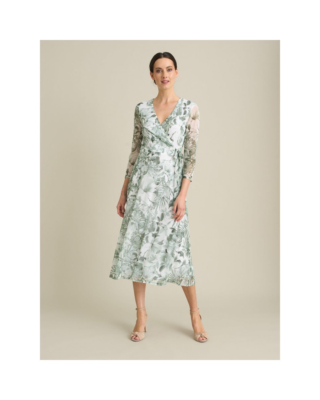 Gina Bacconi Natural Nancie Floral Mesh Faux Wrap Dress