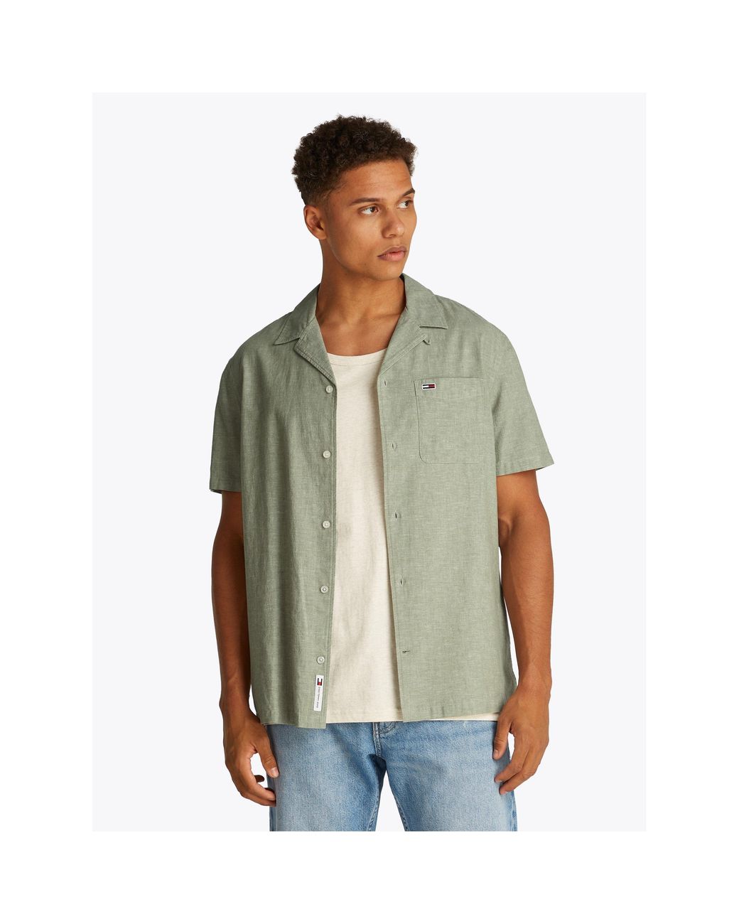 Tommy Hilfiger Green Linen Blend Short-Sleeve Plain Shirt for men