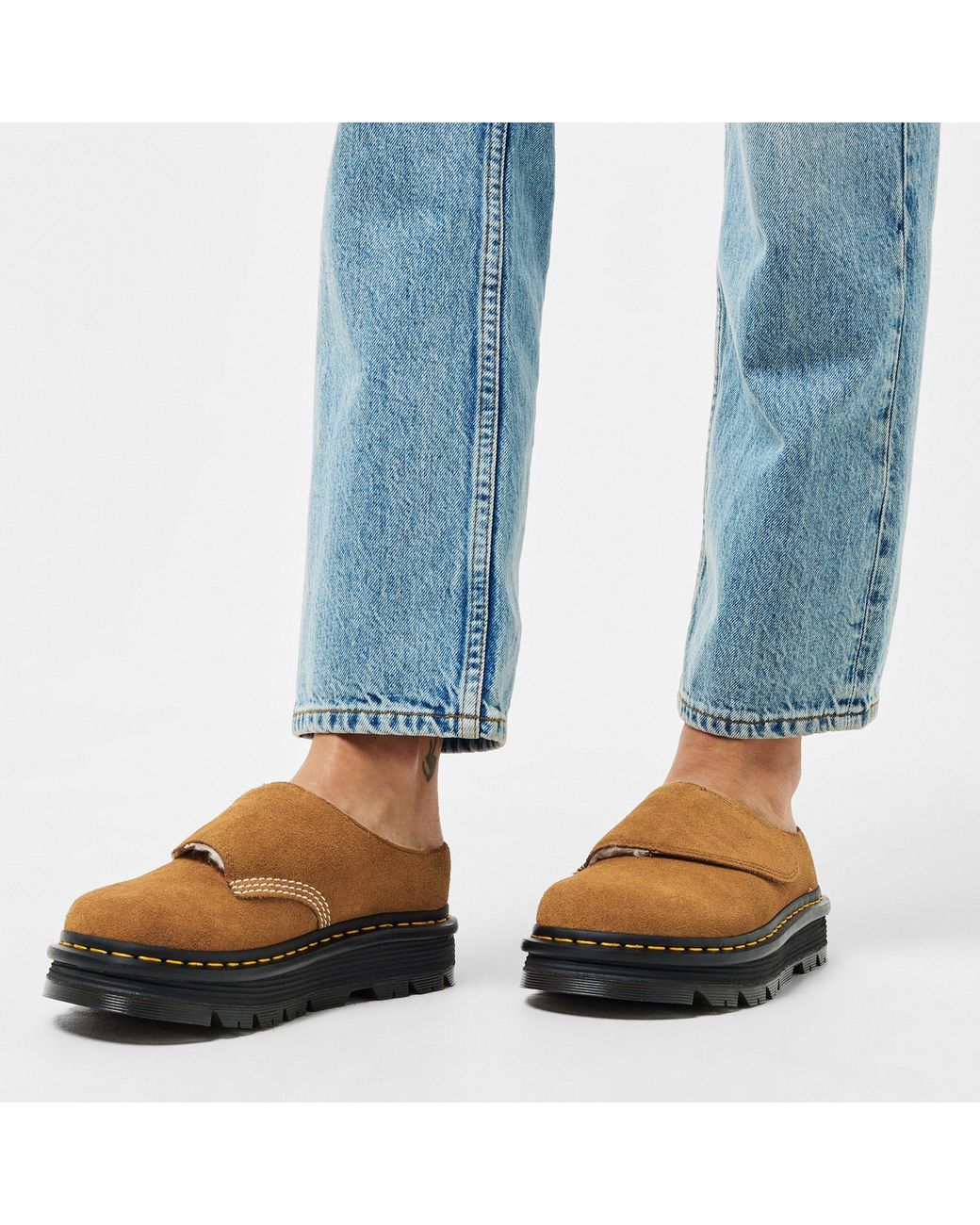 Dr. Martens Brown Zebzag Suede Platform Slip On Flat Mules