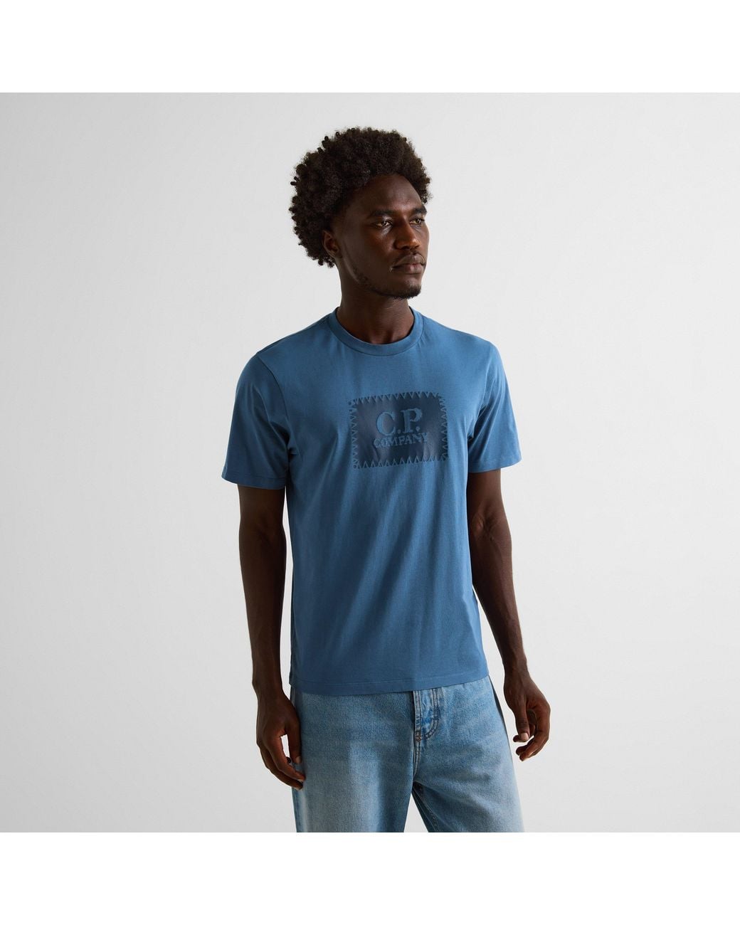 C P Company Blue Block Logo Regular Fit T-Shirt for men